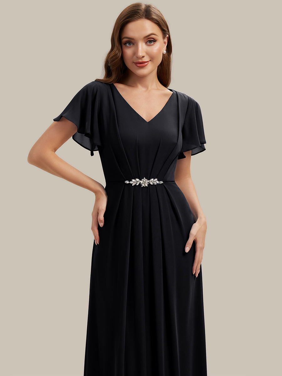 Rhinestone Embellished Chiffon Ruffle Sleeve Wedding Guest Dress #color_Black