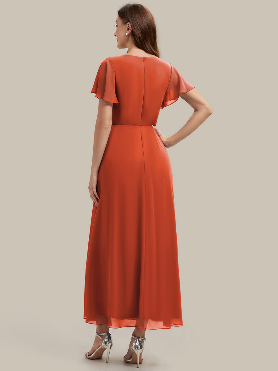 Rhinestone Embellished Chiffon Ruffle Sleeve Wedding Guest Dress #color_Burnt Orange