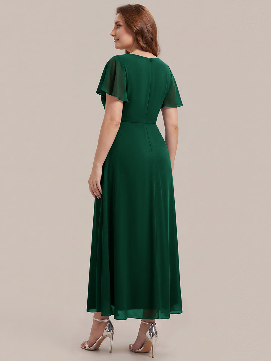 Rhinestone Embellished Chiffon Ruffle Sleeve Wedding Guest Dress #color_Dark Green