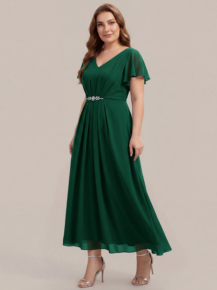 Rhinestone Embellished Chiffon Ruffle Sleeve Wedding Guest Dress #color_Dark Green
