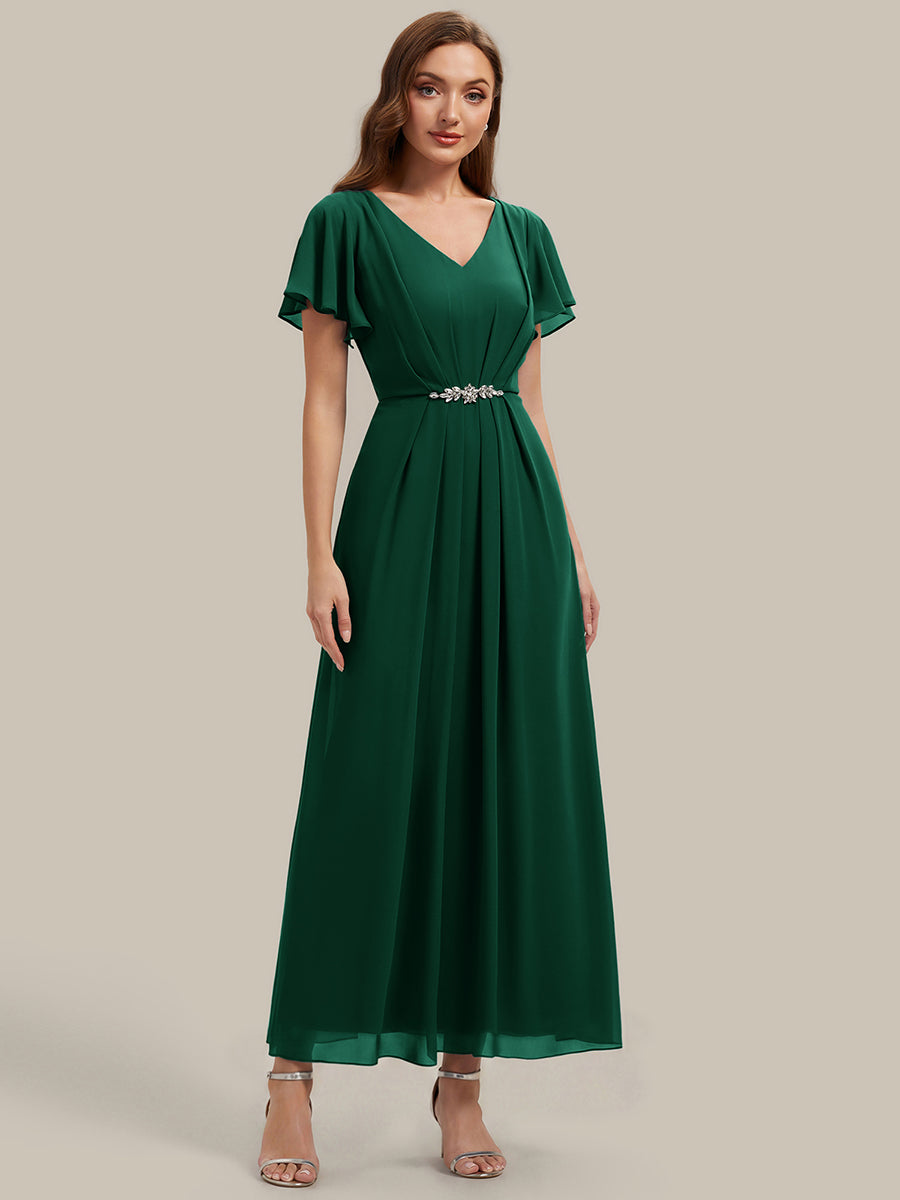 Rhinestone Embellished Chiffon Ruffle Sleeve Wedding Guest Dress #color_Dark Green