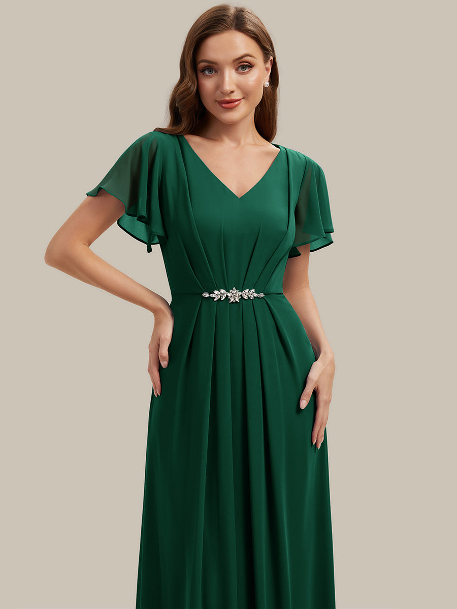 Rhinestone Embellished Chiffon Ruffle Sleeve Wedding Guest Dress #color_Dark Green