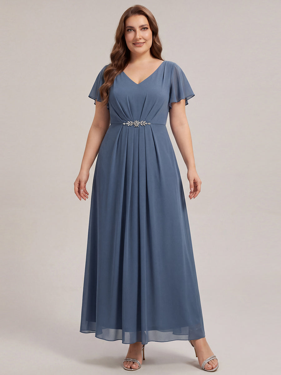 Rhinestone Embellished Chiffon Ruffle Sleeve Wedding Guest Dress #color_Dusty Blue