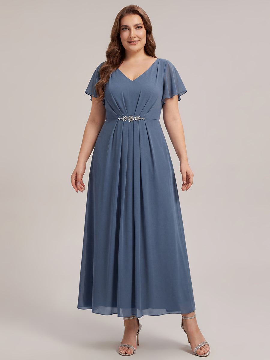 Rhinestone Embellished Chiffon Ruffle Sleeve Wedding Guest Dress #color_Dusty Blue