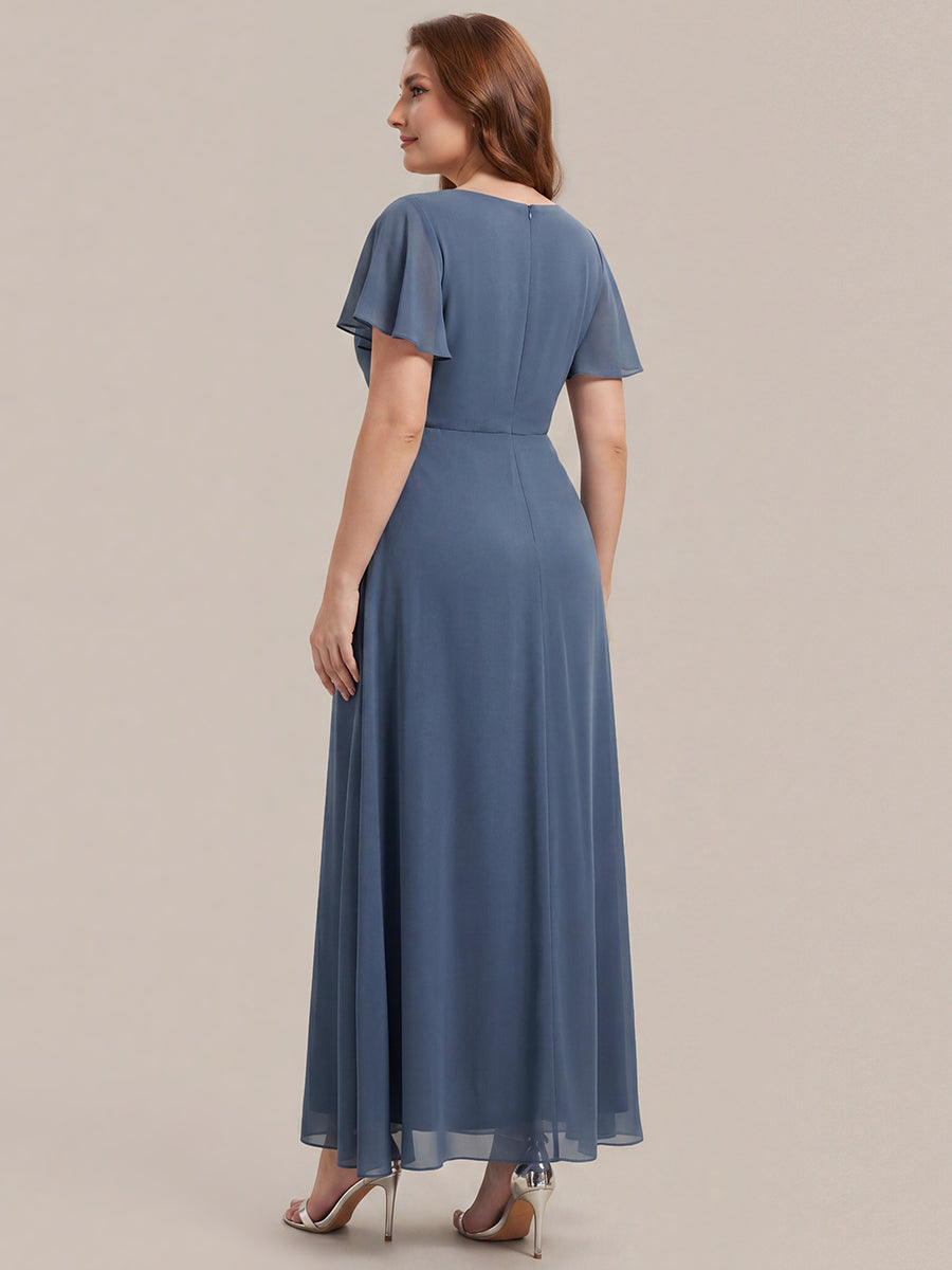 Rhinestone Embellished Chiffon Ruffle Sleeve Wedding Guest Dress #color_Dusty Blue