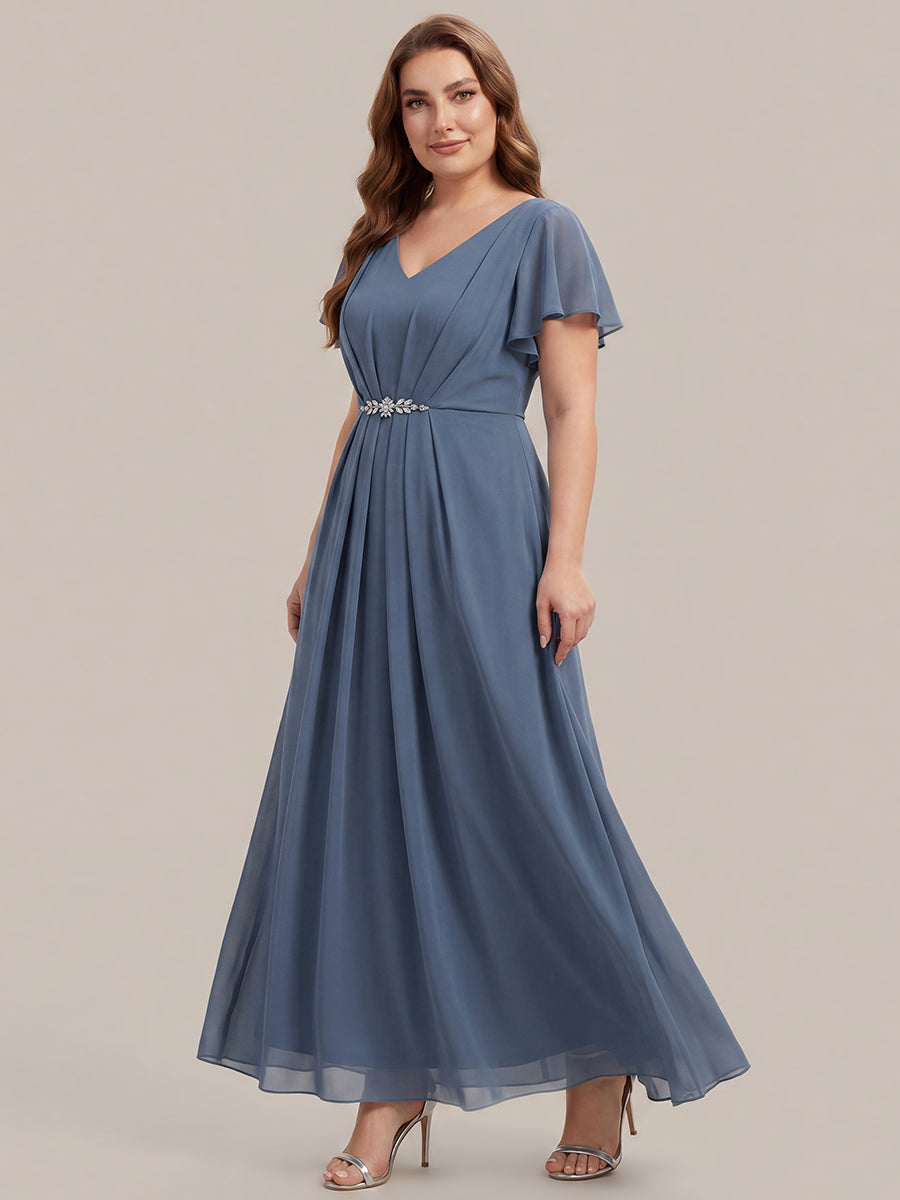 Rhinestone Embellished Chiffon Ruffle Sleeve Wedding Guest Dress #color_Dusty Blue