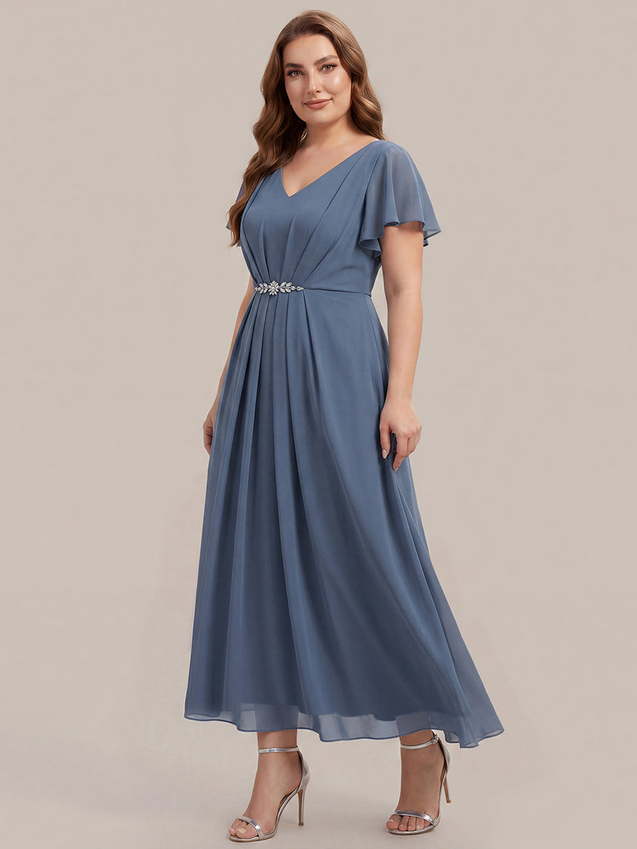 Rhinestone Embellished Chiffon Ruffle Sleeve Wedding Guest Dress #color_Dusty Blue