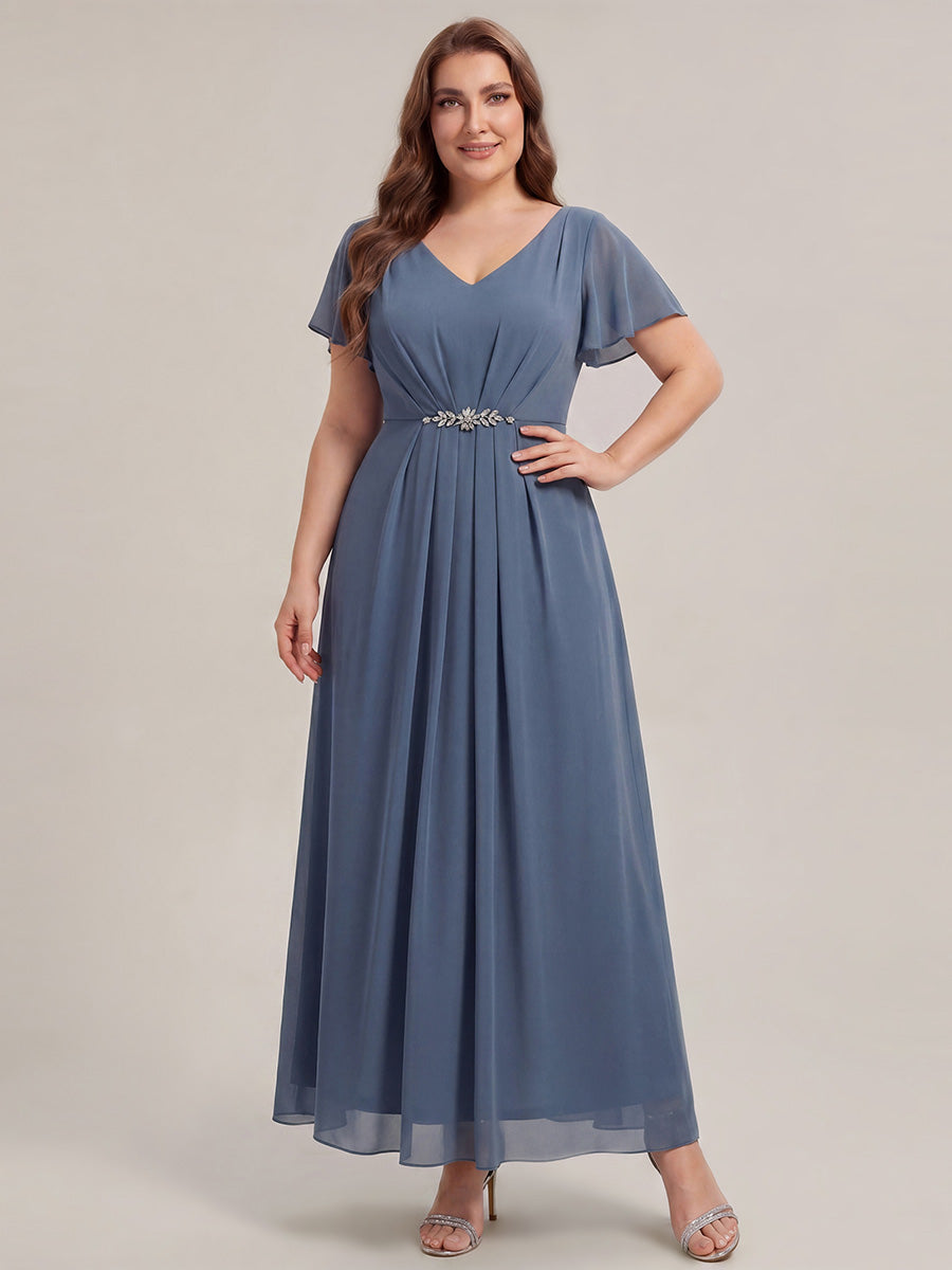 Rhinestone Embellished Chiffon Ruffle Sleeve Wedding Guest Dress #color_Dusty Blue