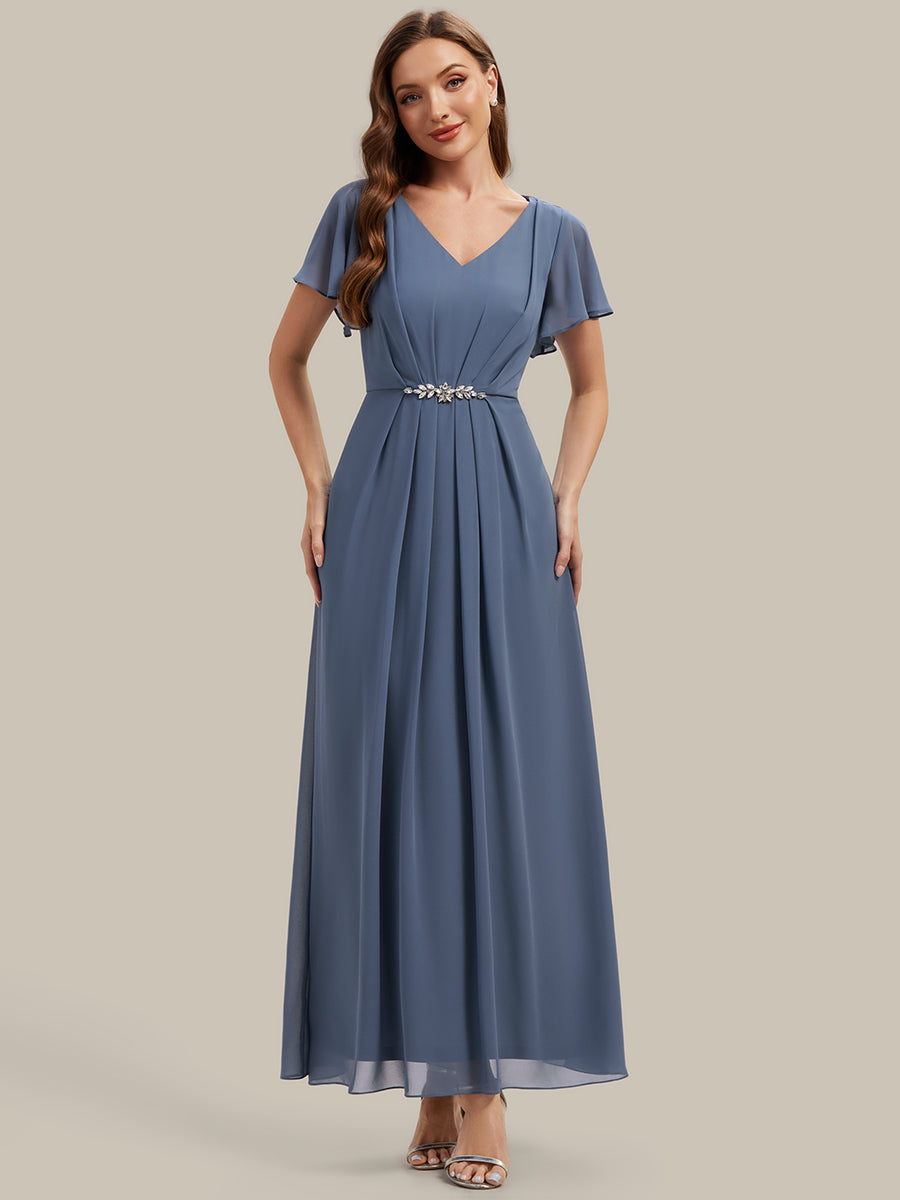 Rhinestone Embellished Chiffon Ruffle Sleeve Wedding Guest Dress #color_Dusty Blue