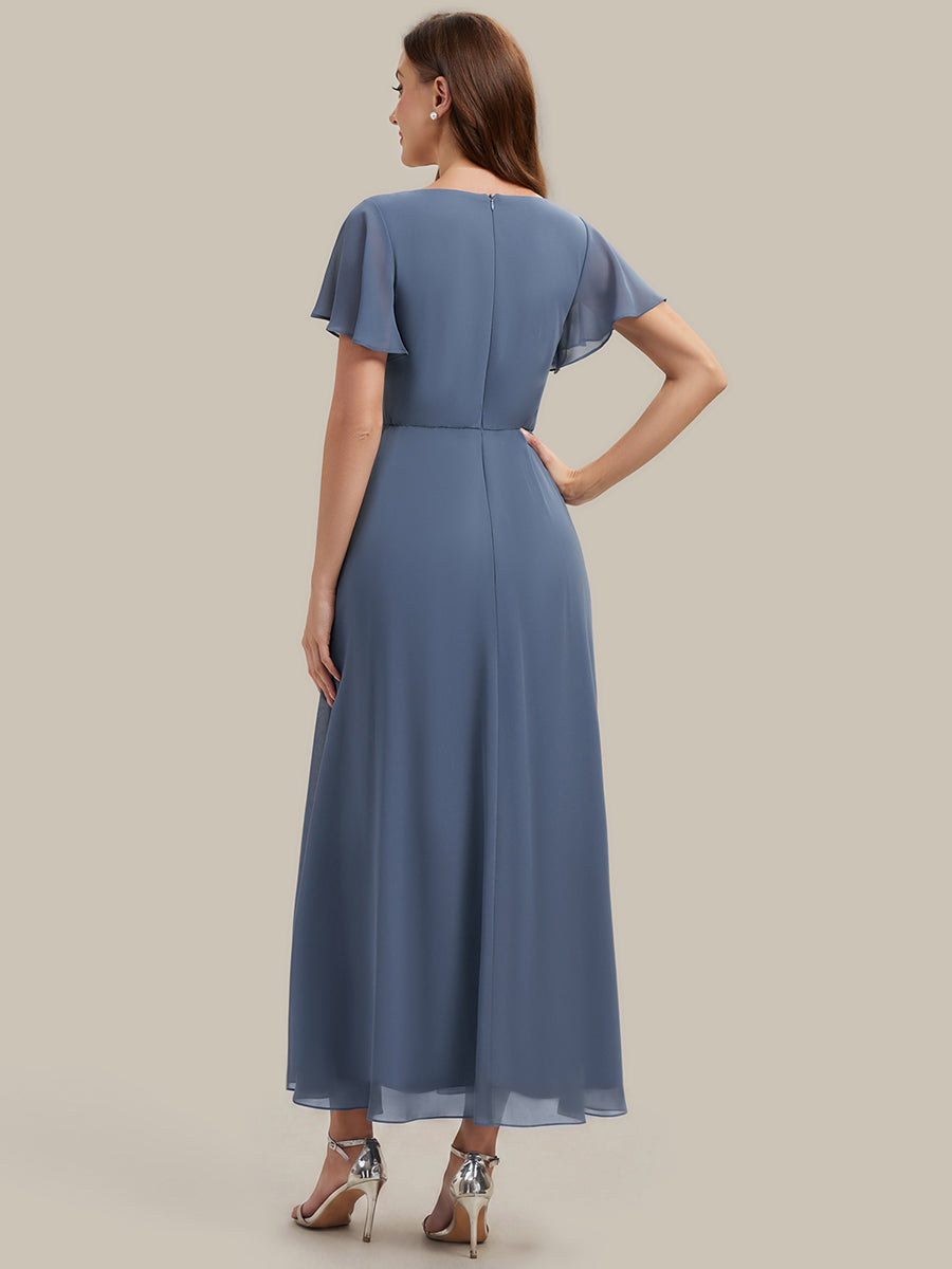 Rhinestone Embellished Chiffon Ruffle Sleeve Wedding Guest Dress #color_Dusty Blue
