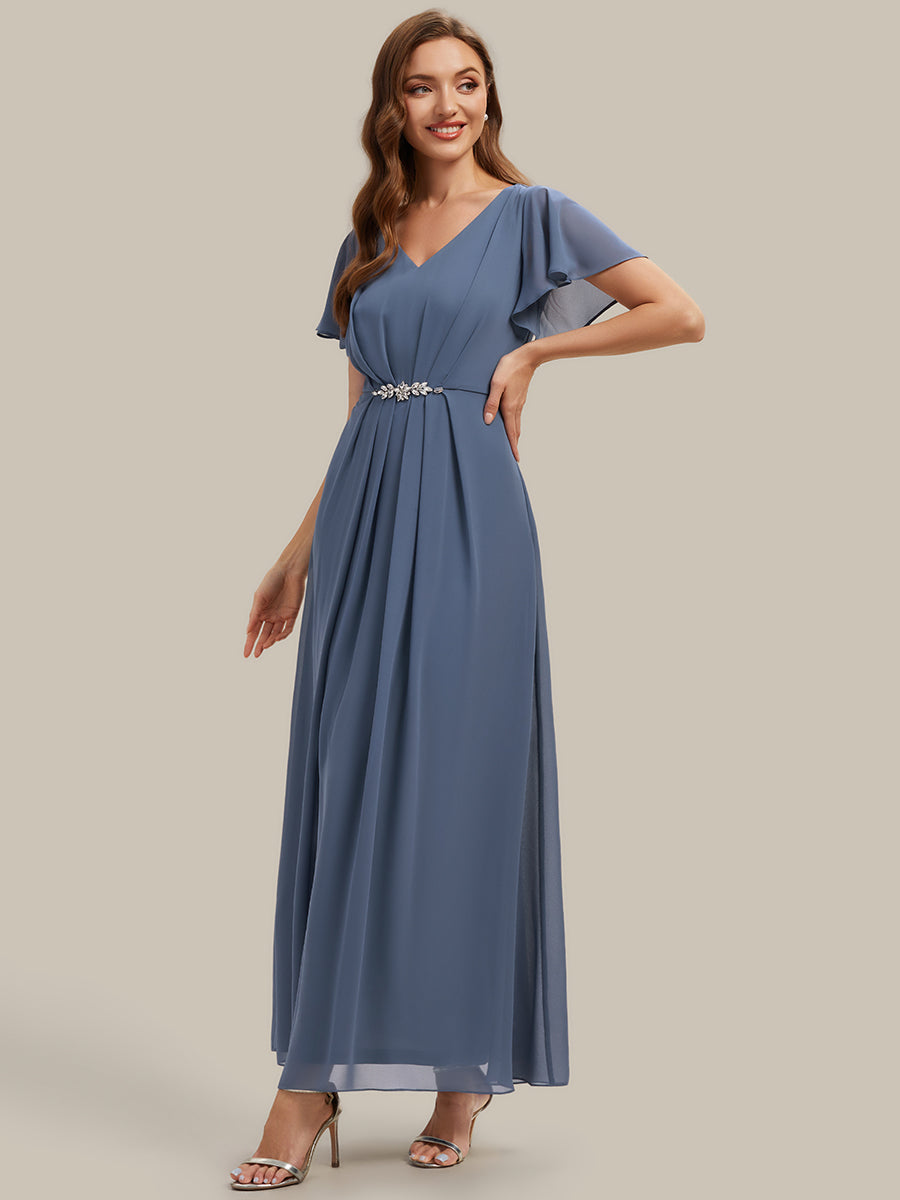 Rhinestone Embellished Chiffon Ruffle Sleeve Wedding Guest Dress #color_Dusty Blue