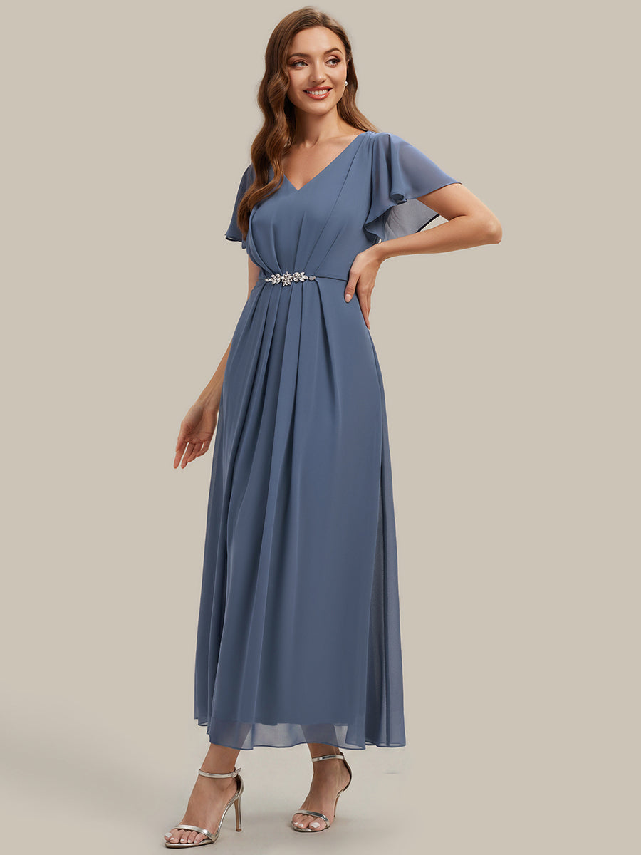Rhinestone Embellished Chiffon Ruffle Sleeve Wedding Guest Dress #color_Dusty Blue
