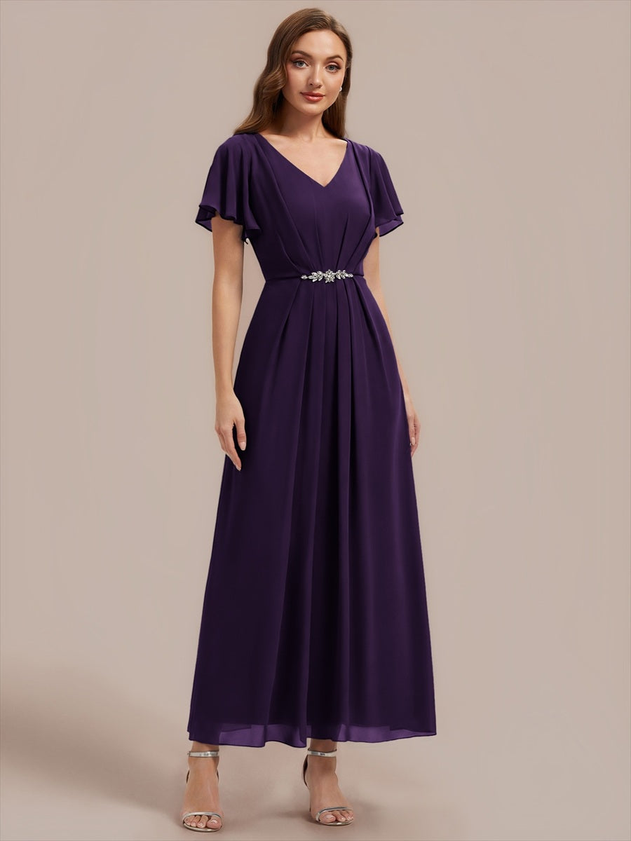 Rhinestone Embellished Chiffon Ruffle Sleeve Wedding Guest Dress #color_Dark Purple