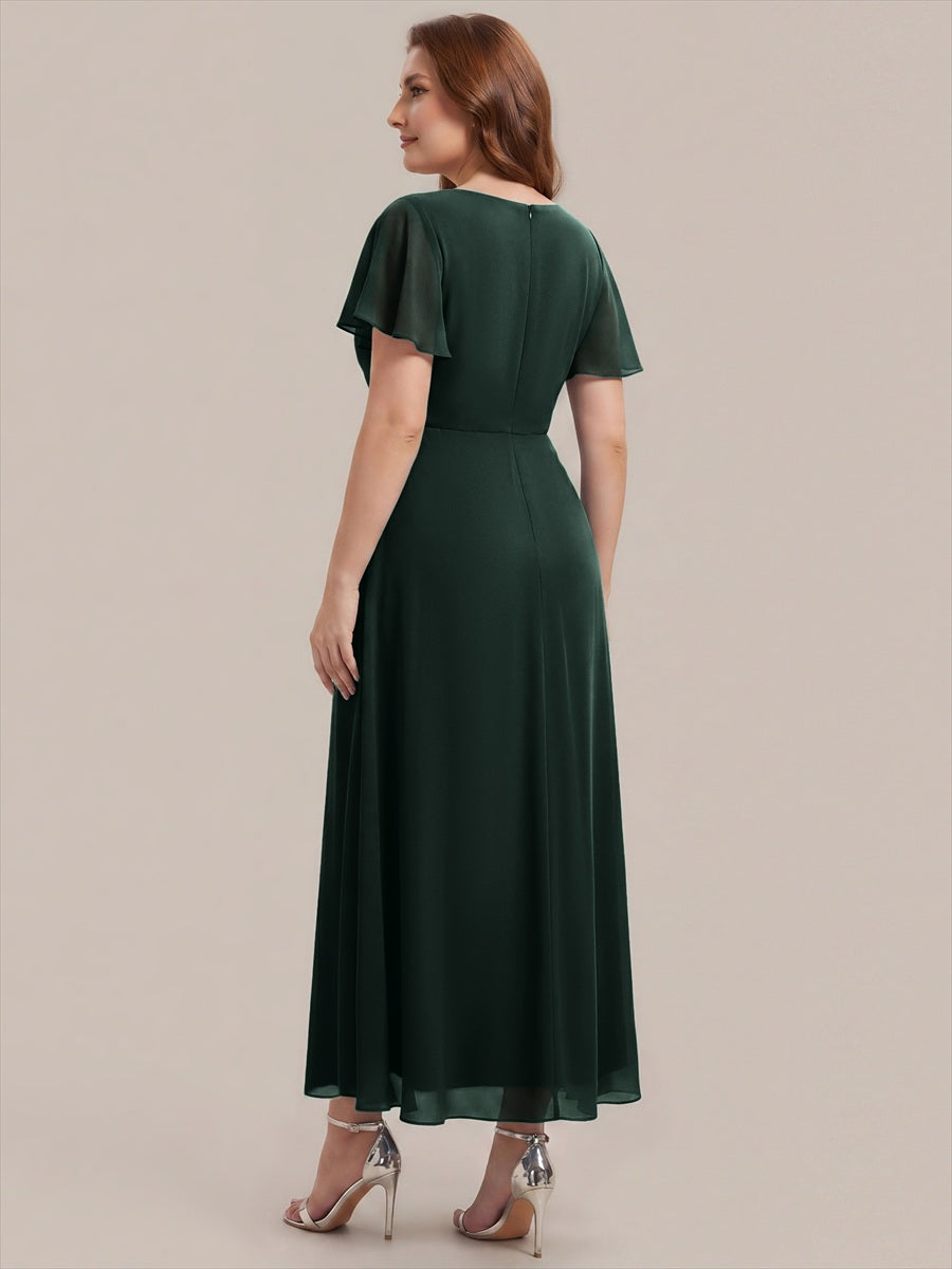 Rhinestone Embellished Chiffon Ruffle Sleeve Wedding Guest Dress #color_Dark Forest Green