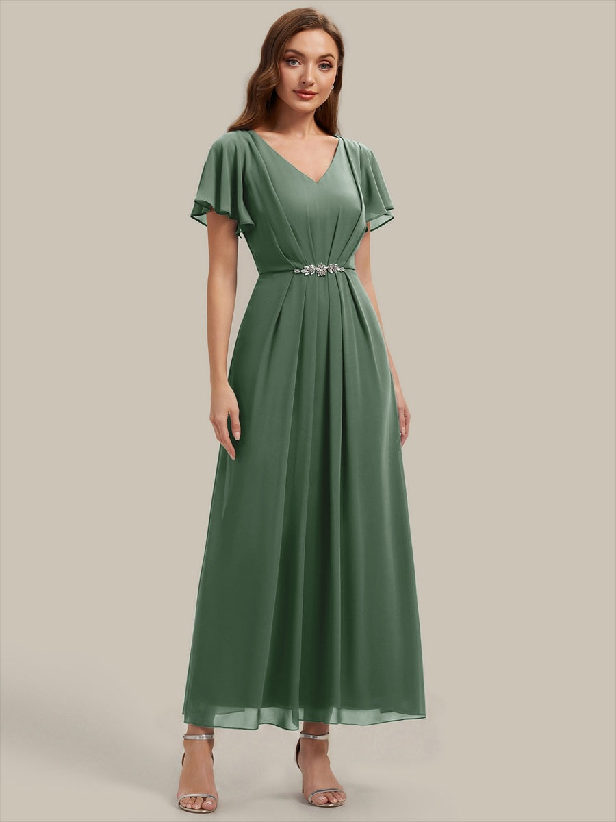 Rhinestone Embellished Chiffon Ruffle Sleeve Wedding Guest Dress #color_Eucalyptus