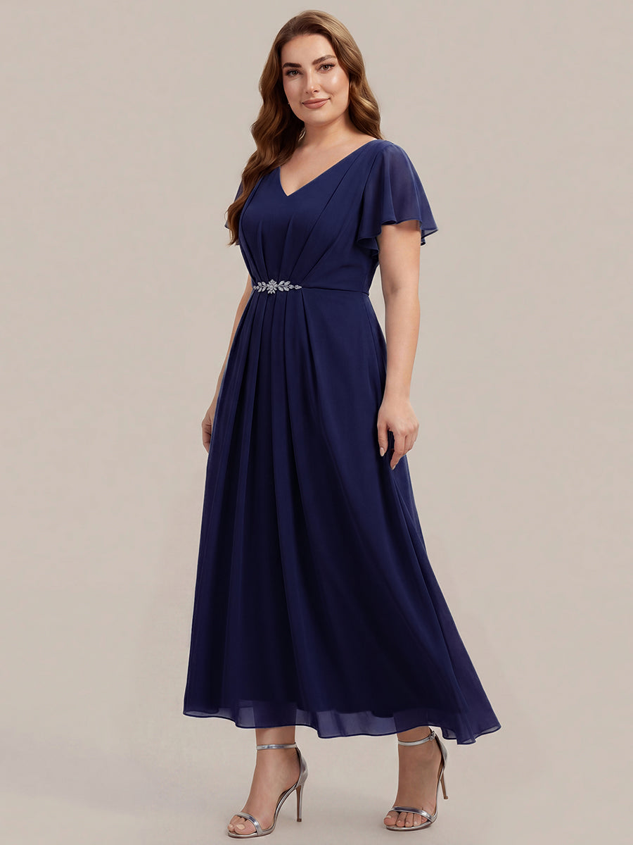 Rhinestone Embellished Chiffon Ruffle Sleeve Wedding Guest Dress #color_Navy Blue