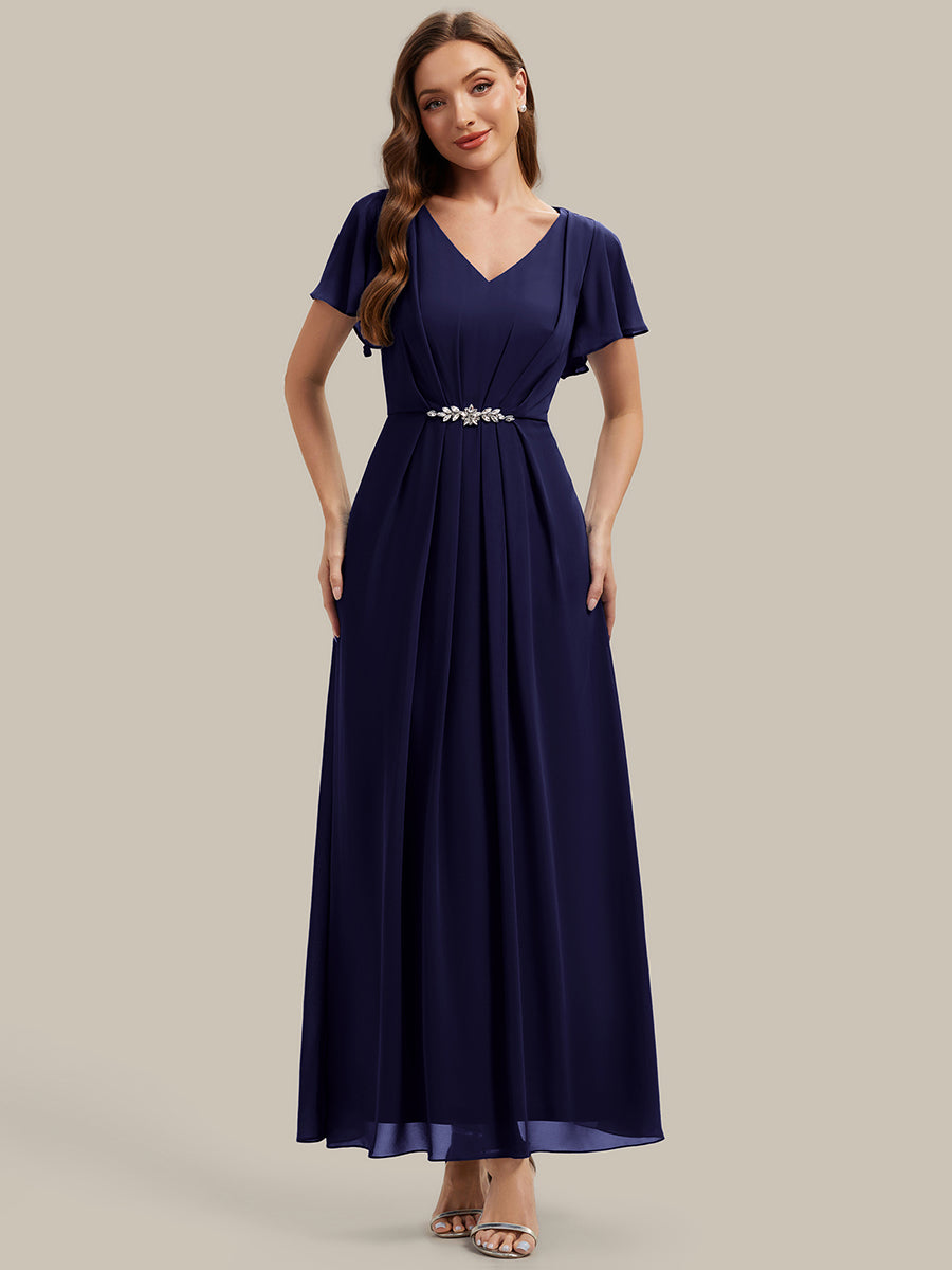 Rhinestone Embellished Chiffon Ruffle Sleeve Wedding Guest Dress #color_Navy Blue