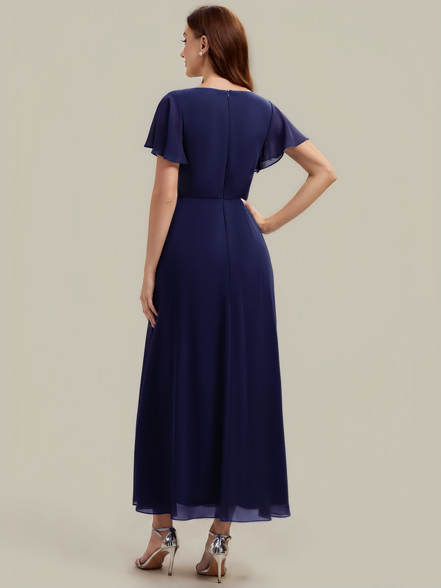 Rhinestone Embellished Chiffon Ruffle Sleeve Wedding Guest Dress #color_Navy Blue