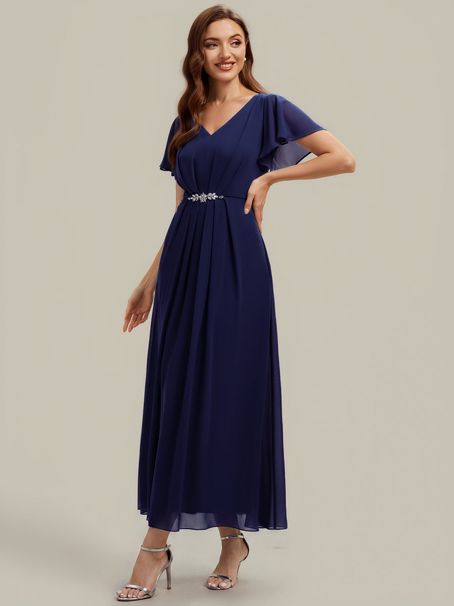 Rhinestone Embellished Chiffon Ruffle Sleeve Wedding Guest Dress #color_Navy Blue