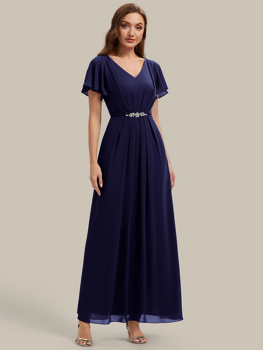 Rhinestone Embellished Chiffon Ruffle Sleeve Wedding Guest Dress #color_Navy Blue
