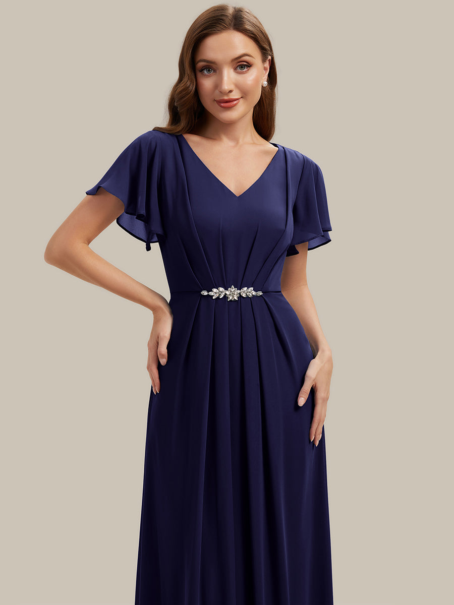 Rhinestone Embellished Chiffon Ruffle Sleeve Wedding Guest Dress #color_Navy Blue