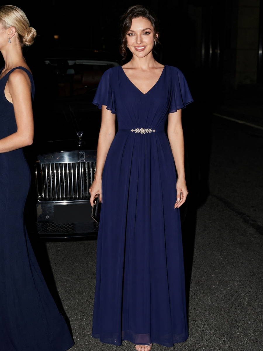 Rhinestone Embellished Chiffon Ruffle Sleeve Wedding Guest Dress #color_Navy Blue