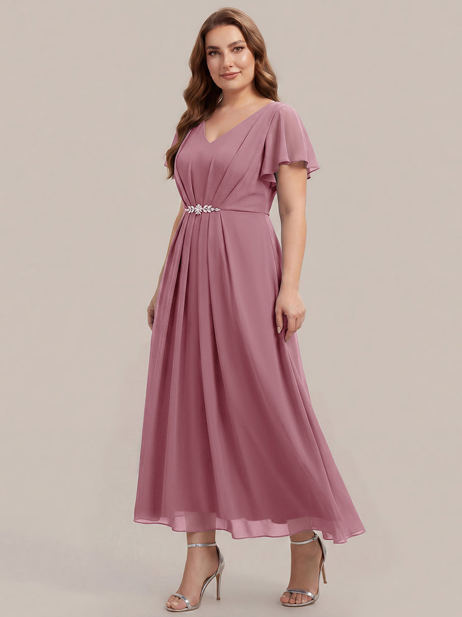 Rhinestone Embellished Chiffon Ruffle Sleeve Wedding Guest Dress #color_Purple Orchid