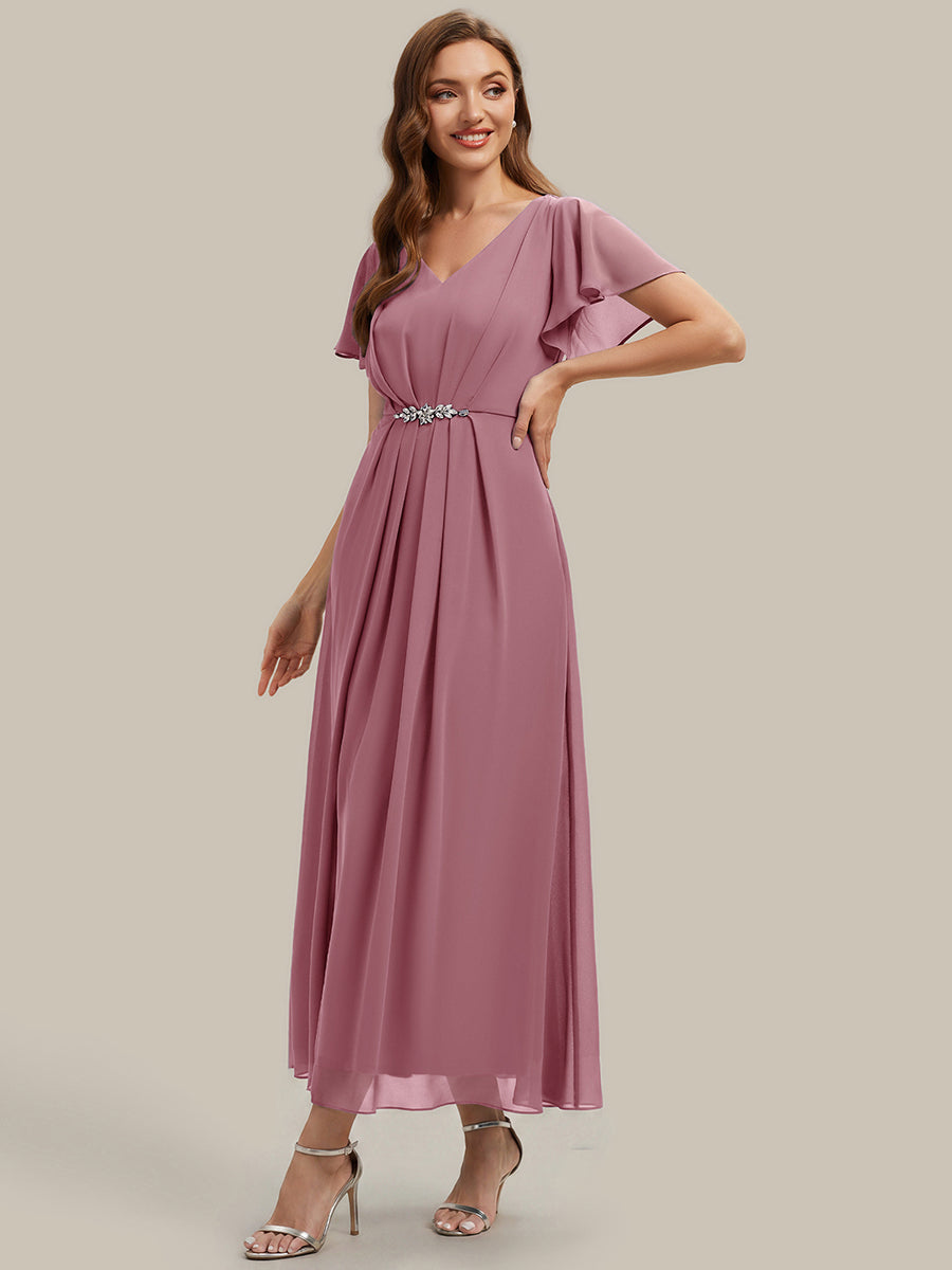 Rhinestone Embellished Chiffon Ruffle Sleeve Wedding Guest Dress #color_Purple Orchid
