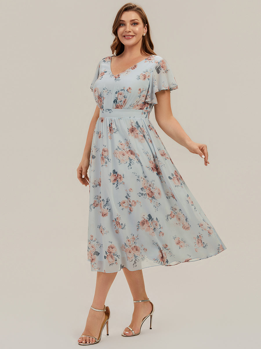 Plus Size Chiffon Ruffle Sleeve Wedding Guest Dress #color_Amber Bloom