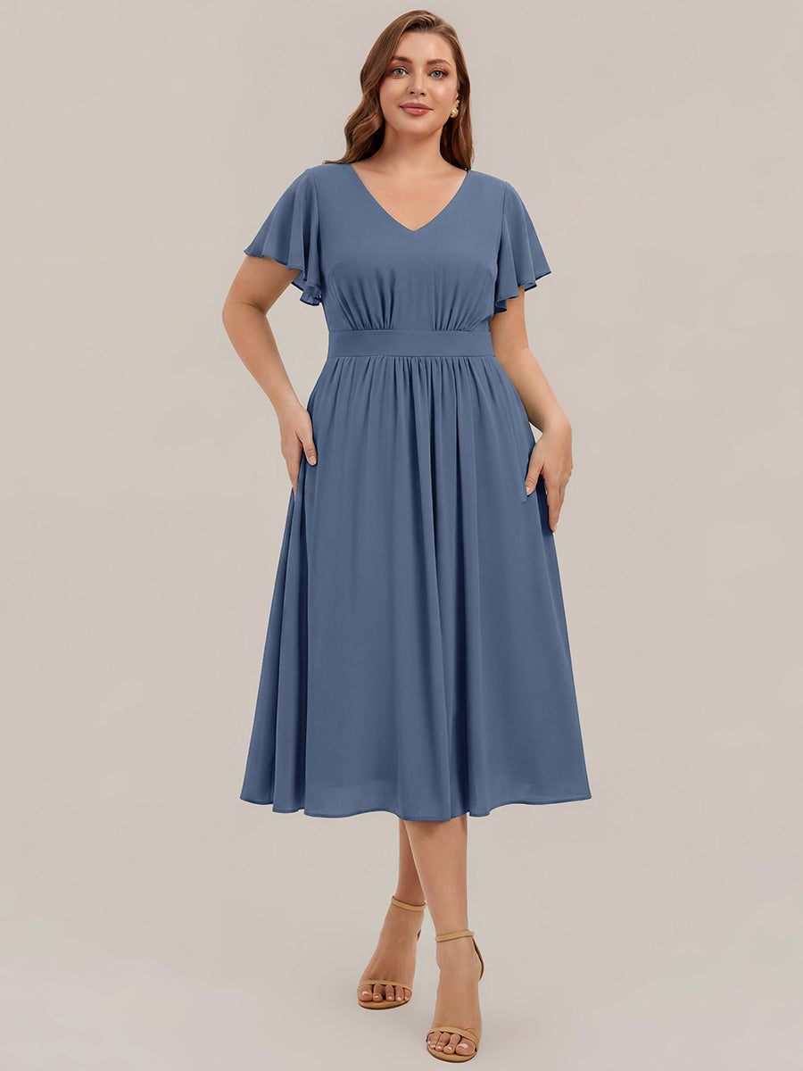 Plus Size Chiffon Ruffle Sleeve Wedding Guest Dress #color_Dusty Blue