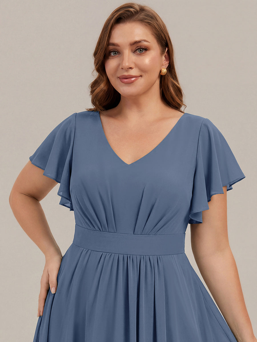 Plus Size Chiffon Ruffle Sleeve Wedding Guest Dress #color_Dusty Blue