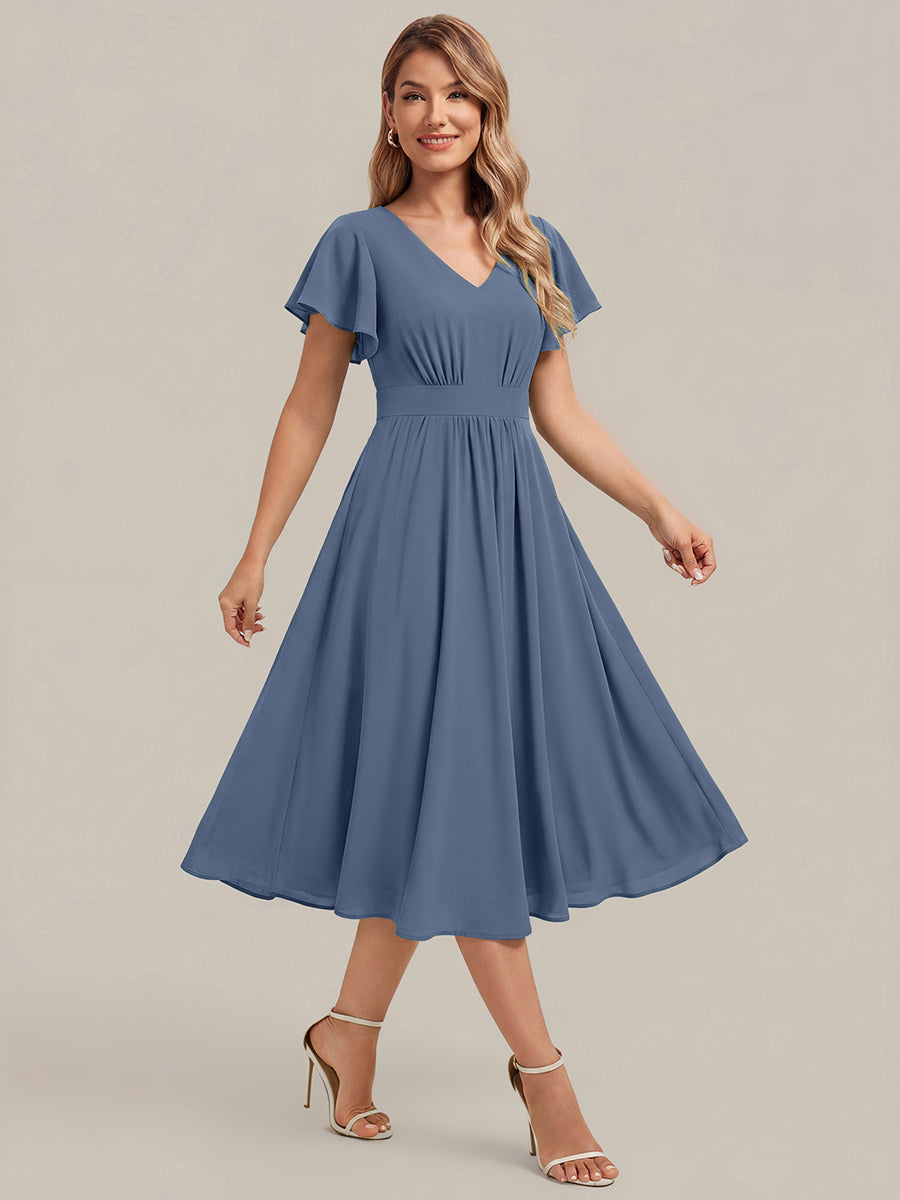 Chiffon Ruffle Sleeve A-Line Wedding Guest Dress #color_Dusty Blue