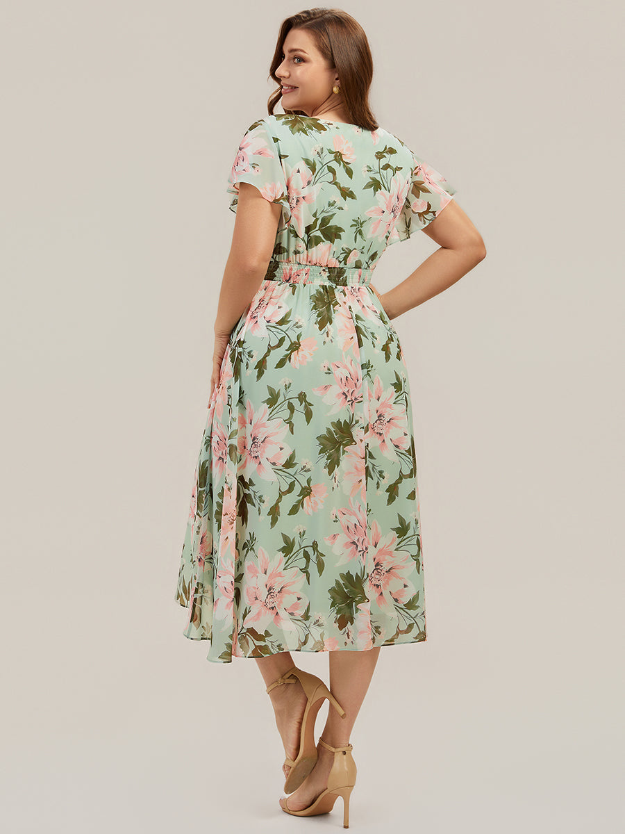 Plus Size Chiffon Ruffle Sleeve Wedding Guest Dress #color_Light Green Floral