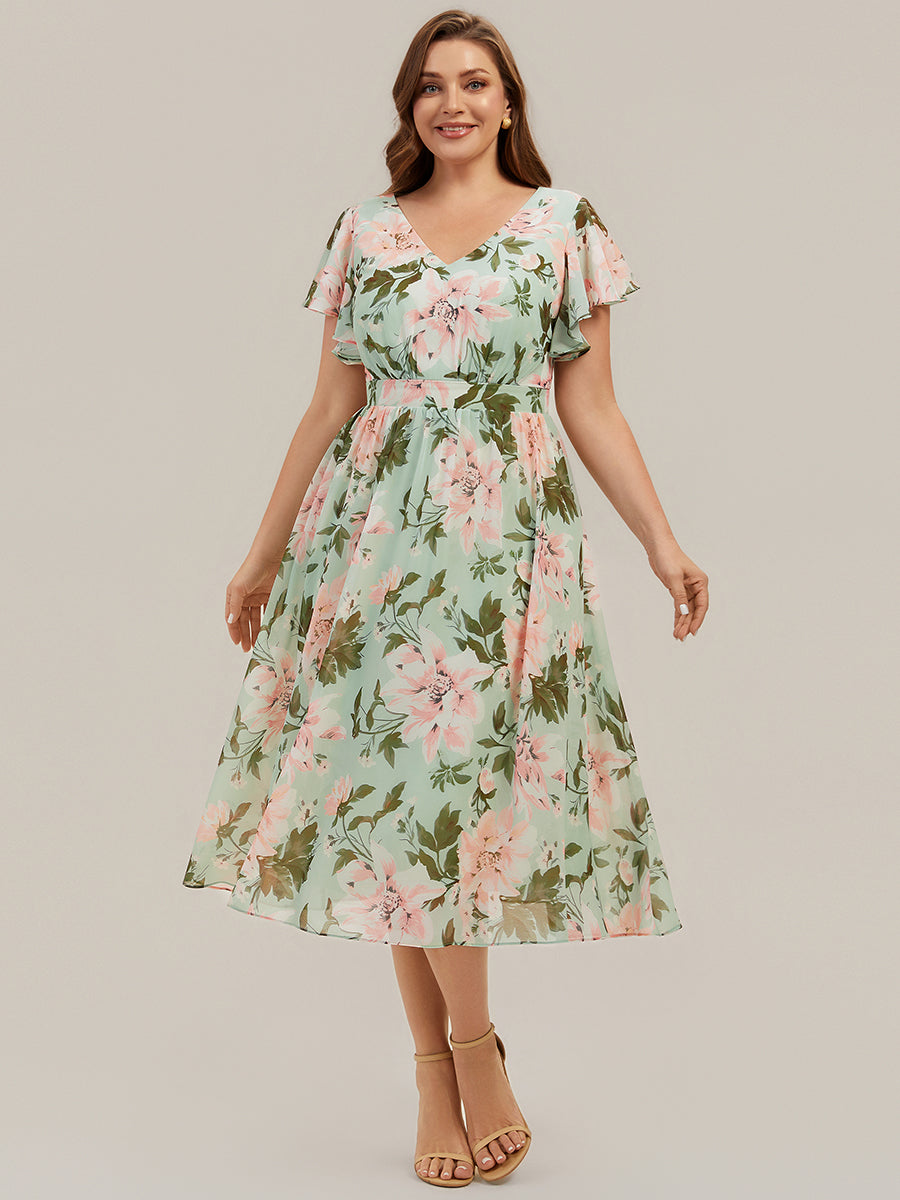 Plus Size Chiffon Ruffle Sleeve Wedding Guest Dress #color_Light Green Floral
