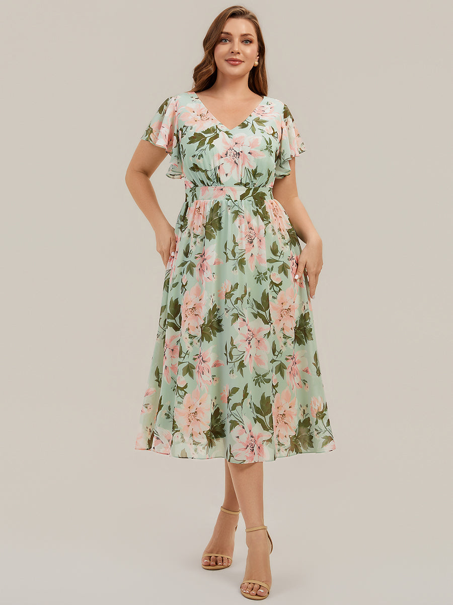Plus Size Chiffon Ruffle Sleeve Wedding Guest Dress #color_Light Green Floral