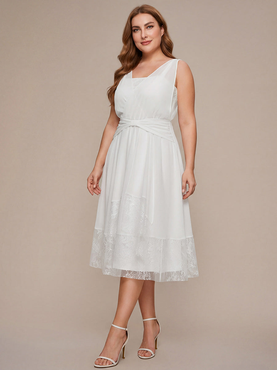 Plus Size Chiffon Ribbon Sleeveless Wedding Guest Dress #color_White