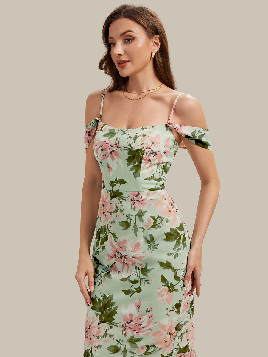 Mermaid Chiffon Sleeveless Wedding Guest Dress #color_Light Green Floral