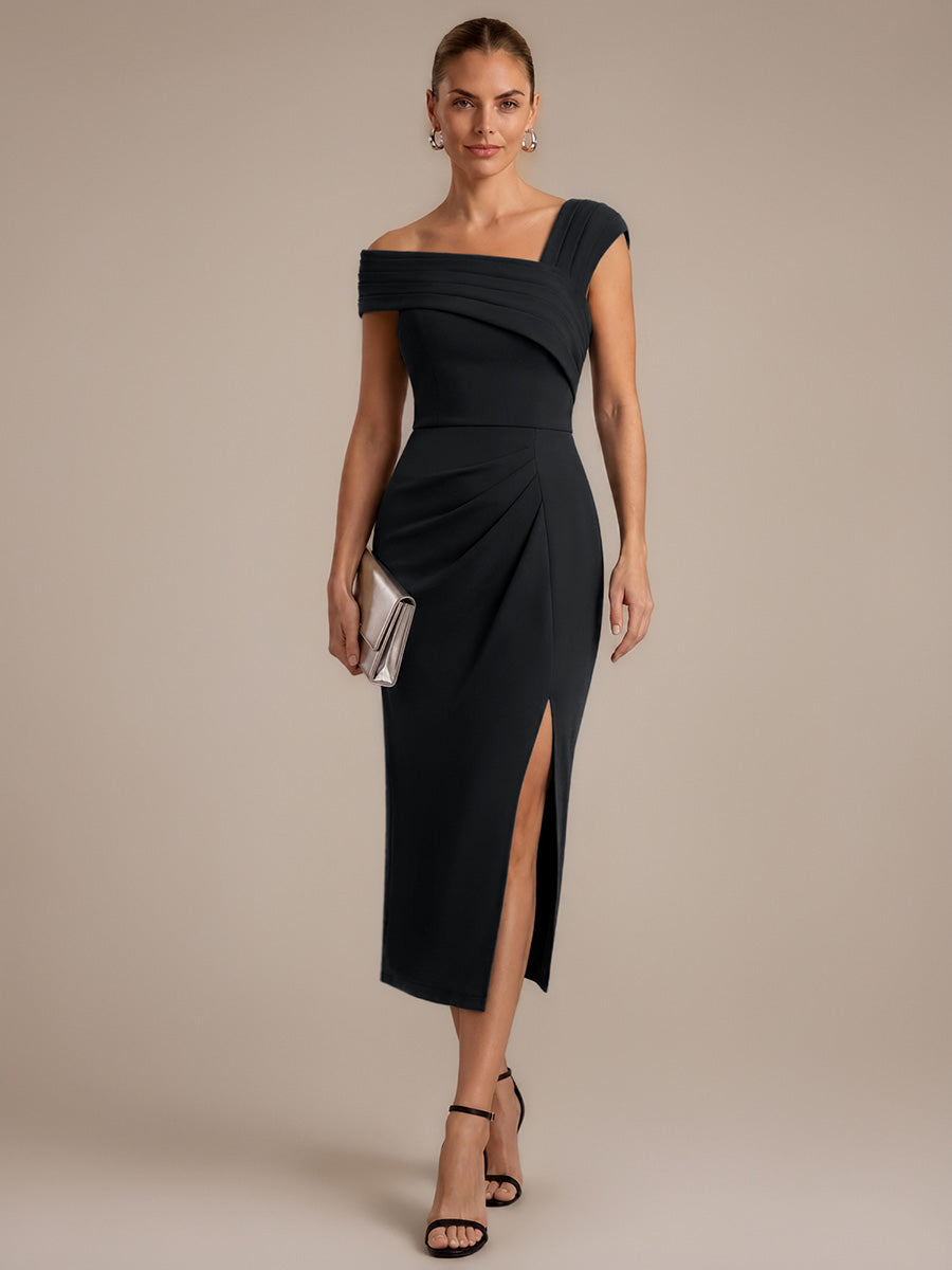 Slit Crepe Cap Sleeve Wedding Guest Dress #color_Black