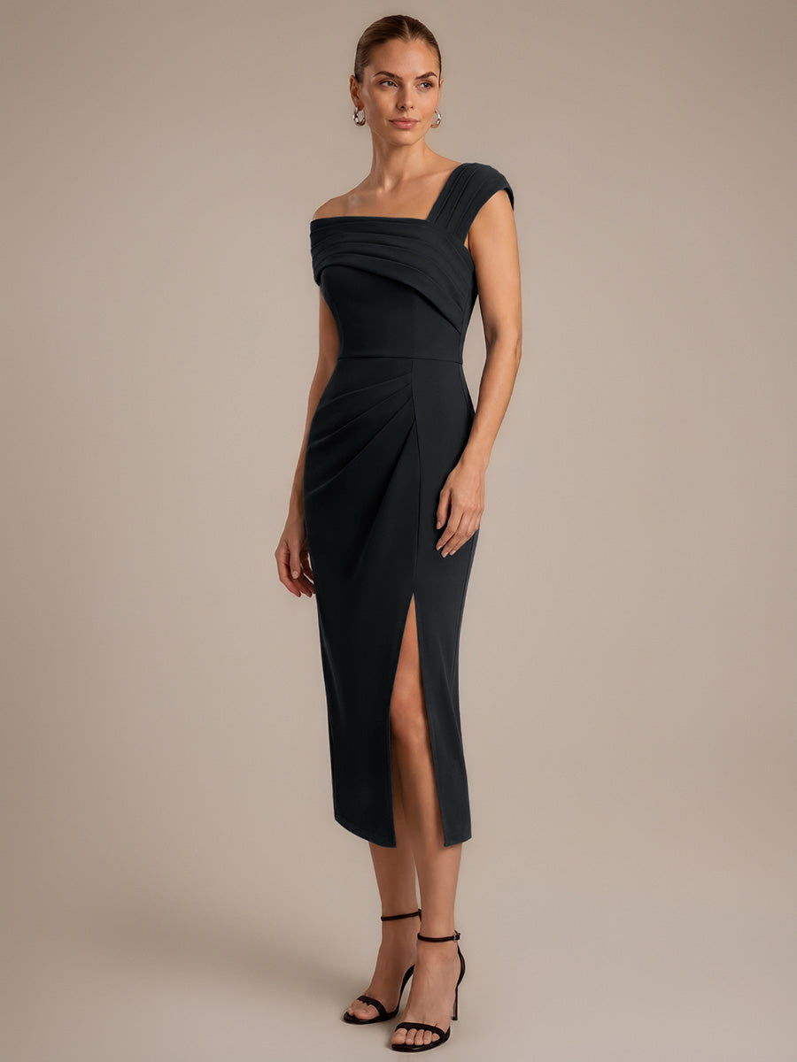 Slit Crepe Cap Sleeve Wedding Guest Dress #color_Black