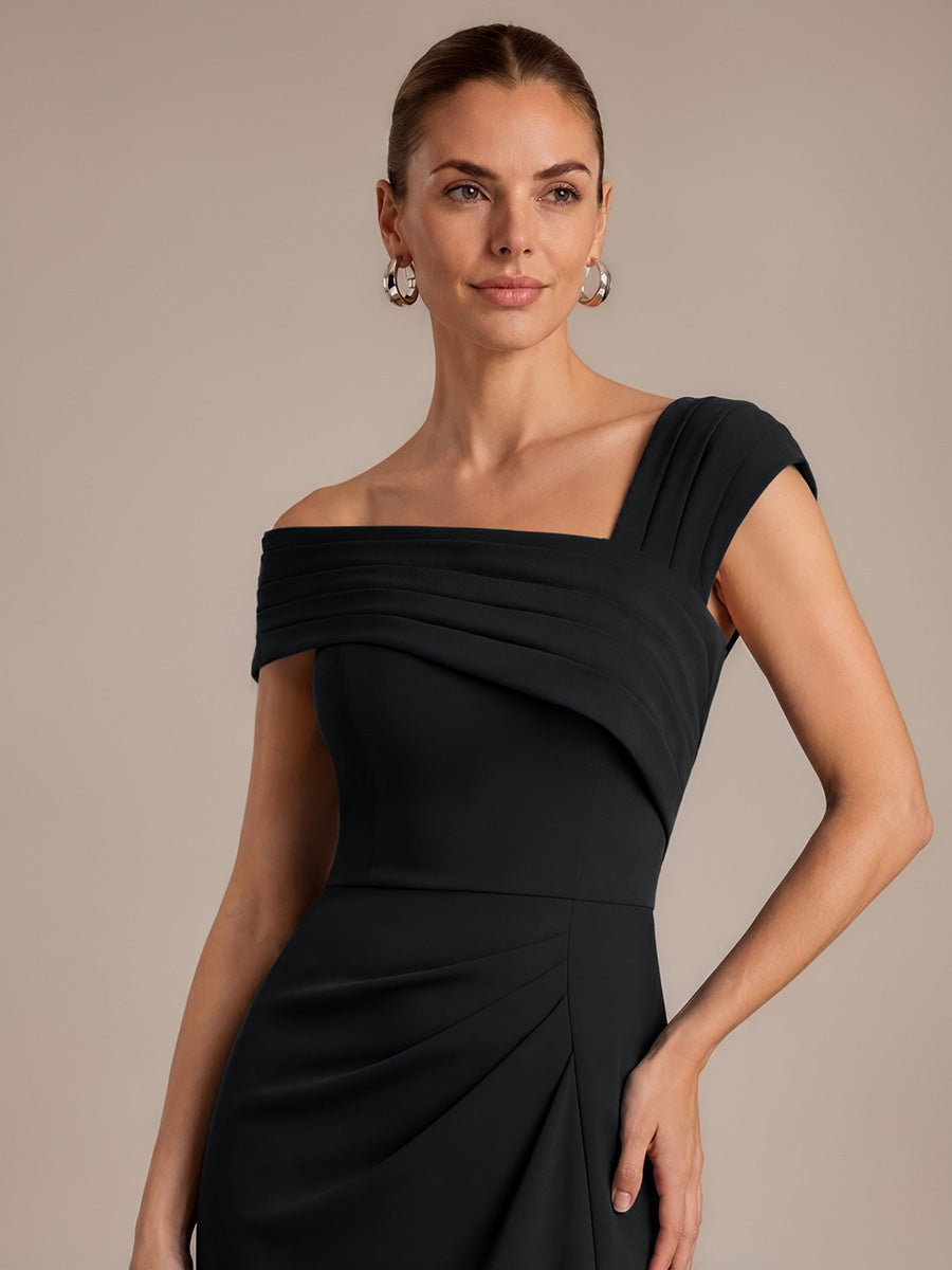 Slit Crepe Cap Sleeve Wedding Guest Dress #color_Black