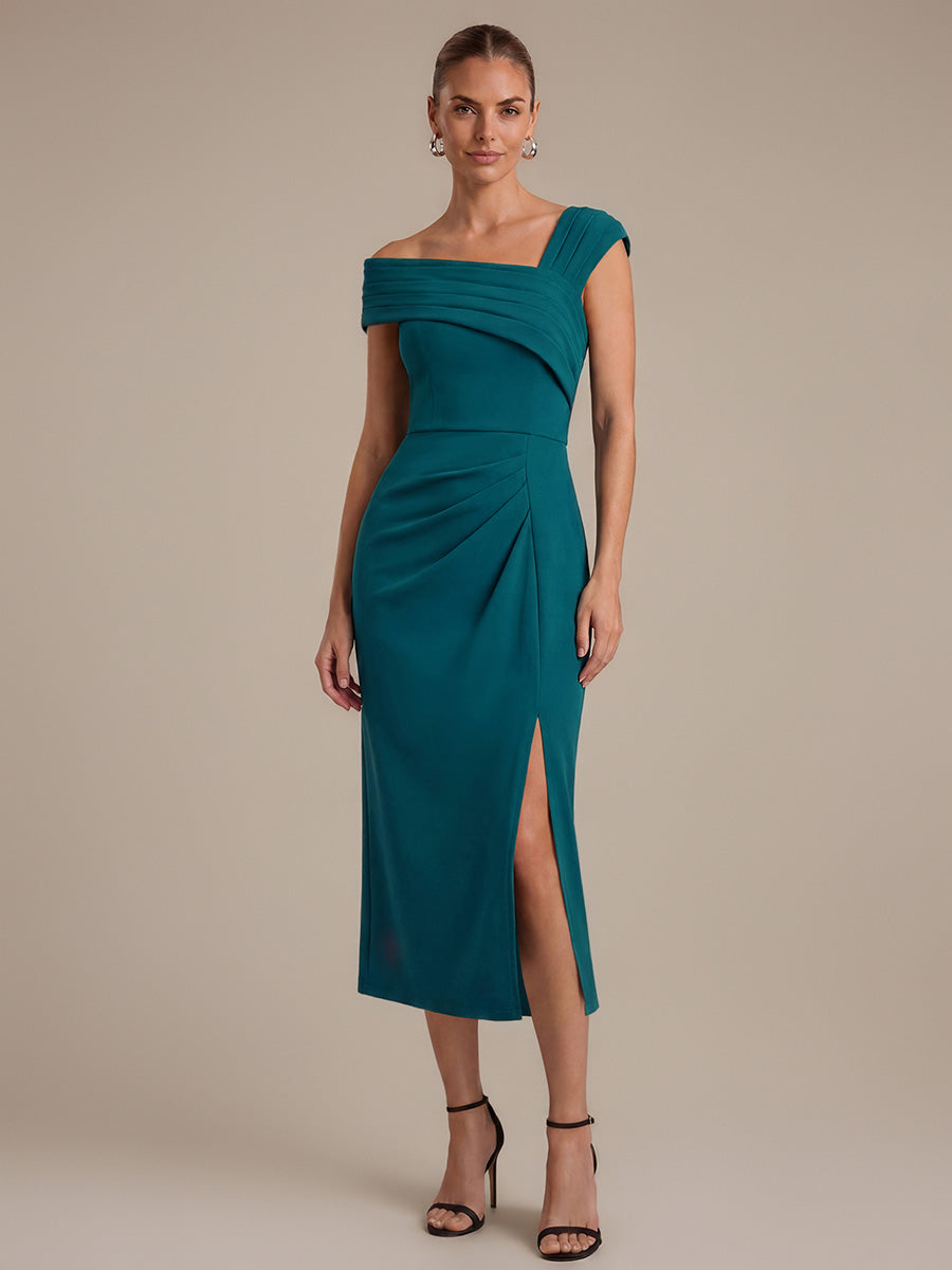 Slit Crepe Cap Sleeve Wedding Guest Dress #color_Teal Blue