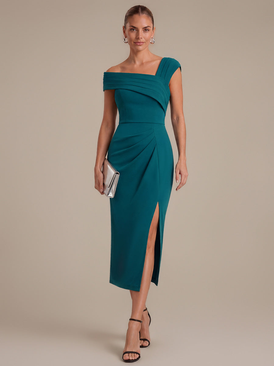 Slit Crepe Cap Sleeve Wedding Guest Dress #color_Teal Blue