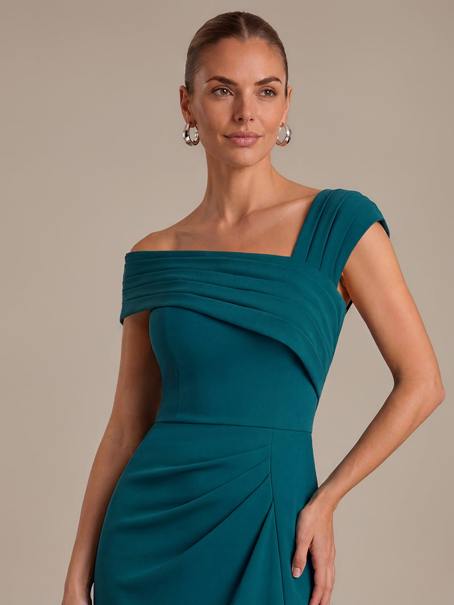 Slit Crepe Cap Sleeve Wedding Guest Dress #color_Teal Blue