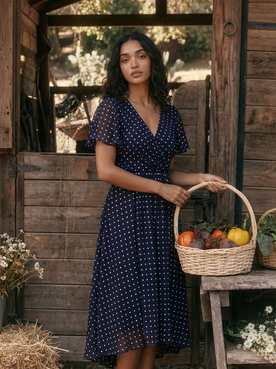 Printed Chiffon Ruffle Sleeve Wedding Guest Dress #color_Navy Blue Polka Dots