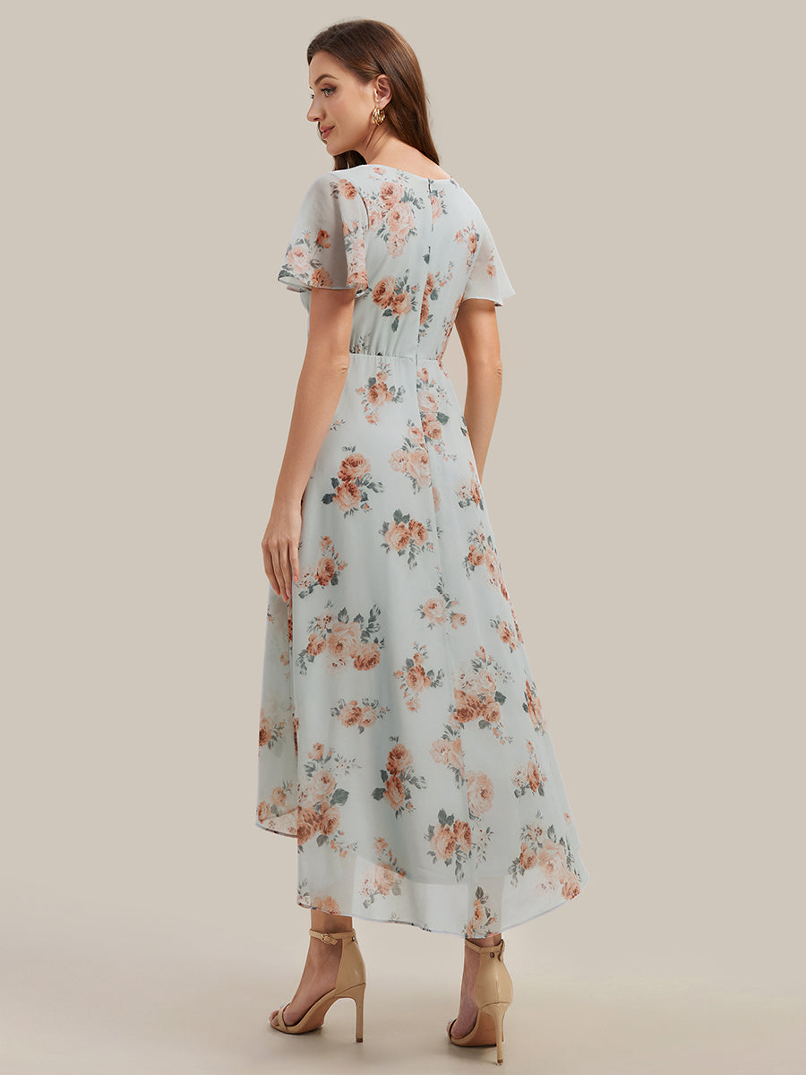 Printed Chiffon Ruffle Sleeve Wedding Guest Dress #color_Amber Bloom