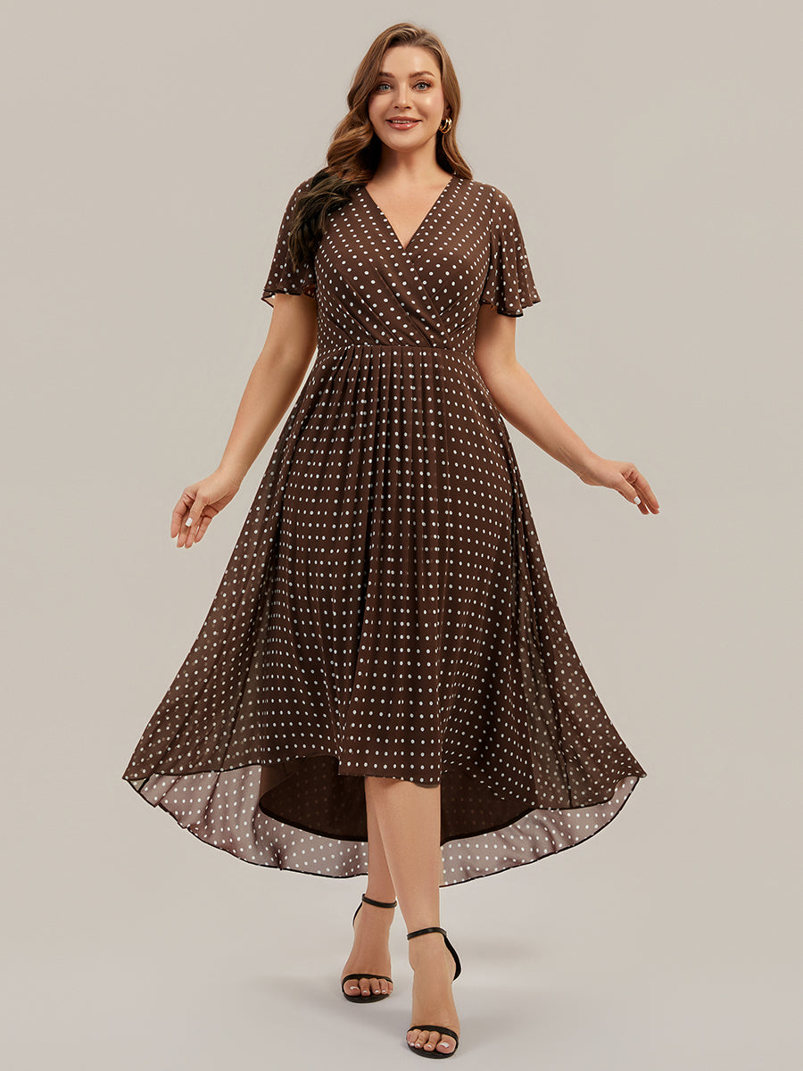 Plus Size Printed Chiffon Wedding Guest Dress #color_Brown Polka Dots