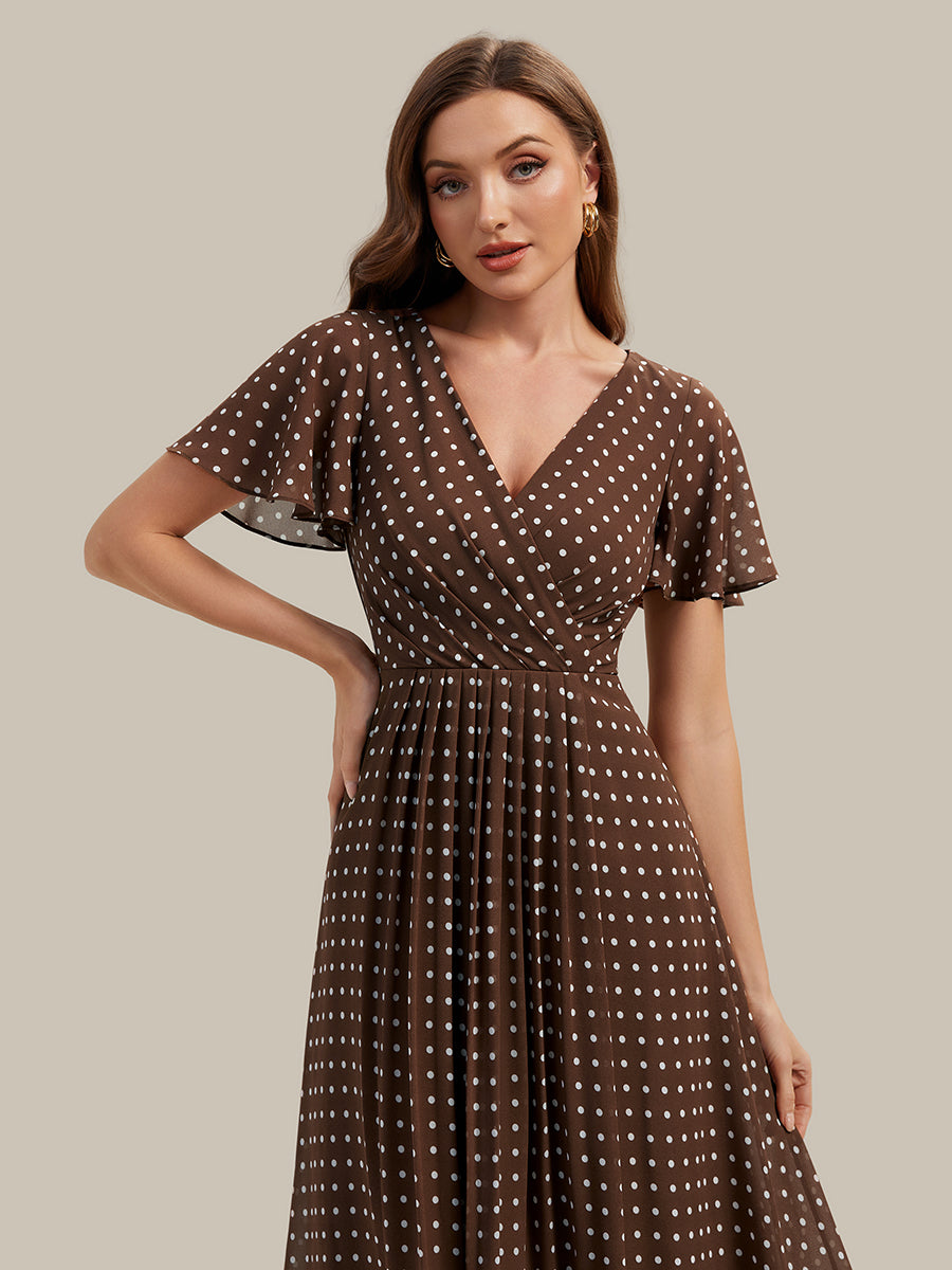 Printed Chiffon Ruffle Sleeve Wedding Guest Dress #color_Brown Polka Dots