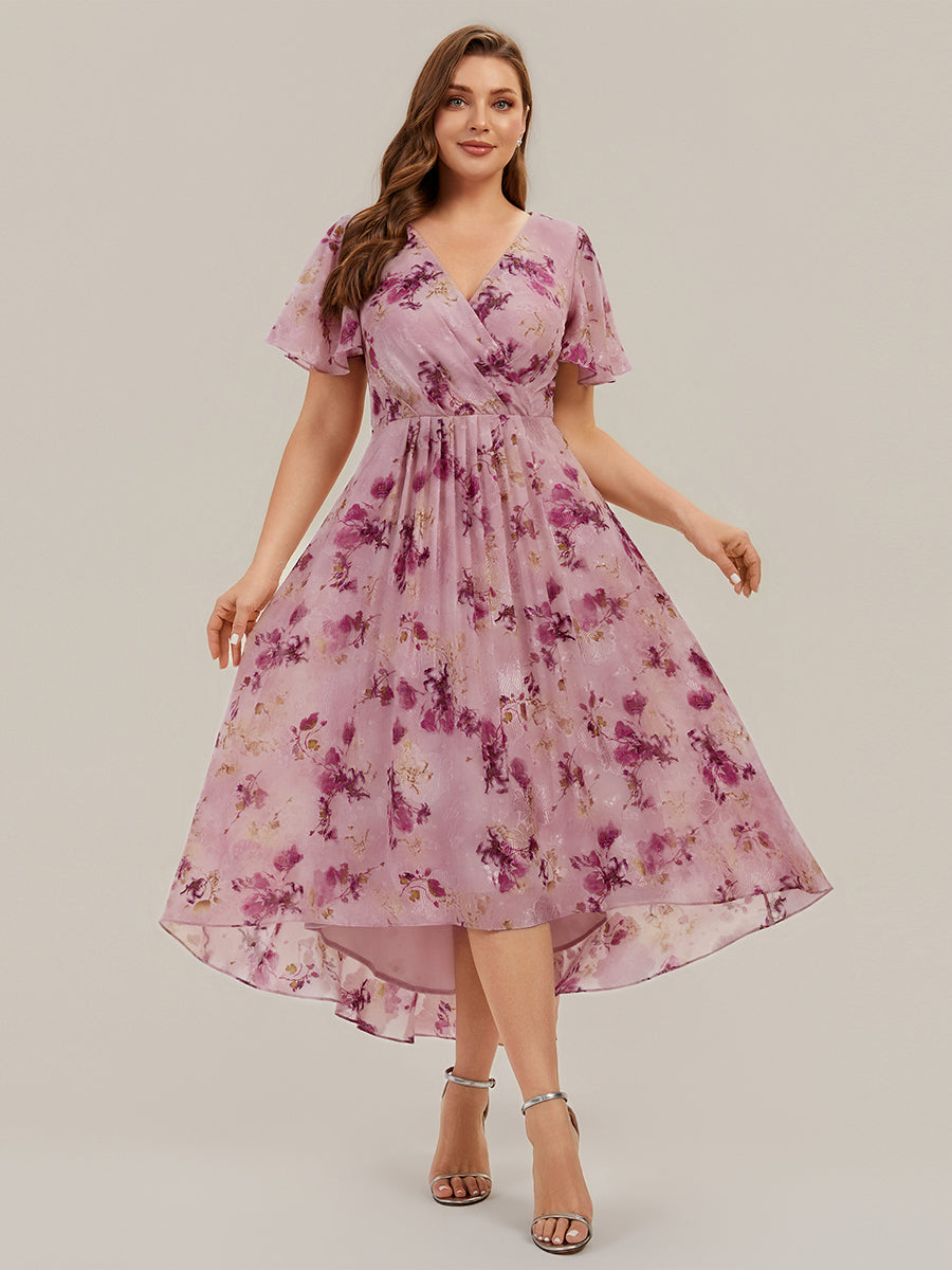 Printed Chiffon Ruffle Sleeve Wedding Guest Dress #color_Light Purple Print
