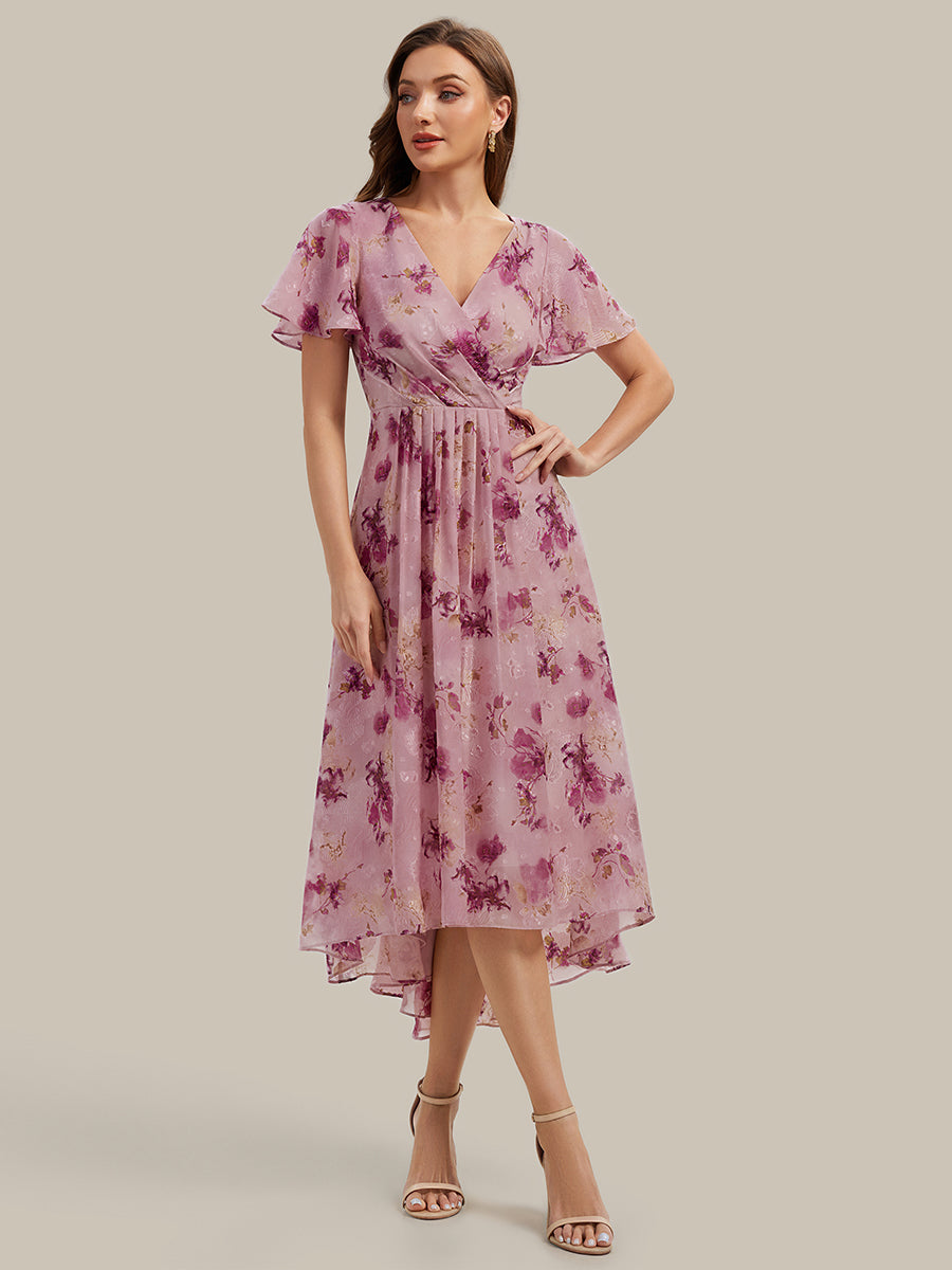 Printed Chiffon Ruffle Sleeve Wedding Guest Dress #color_Light Purple Print