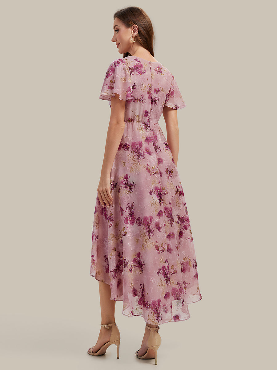 Printed Chiffon Ruffle Sleeve Wedding Guest Dress #color_Light Purple Print